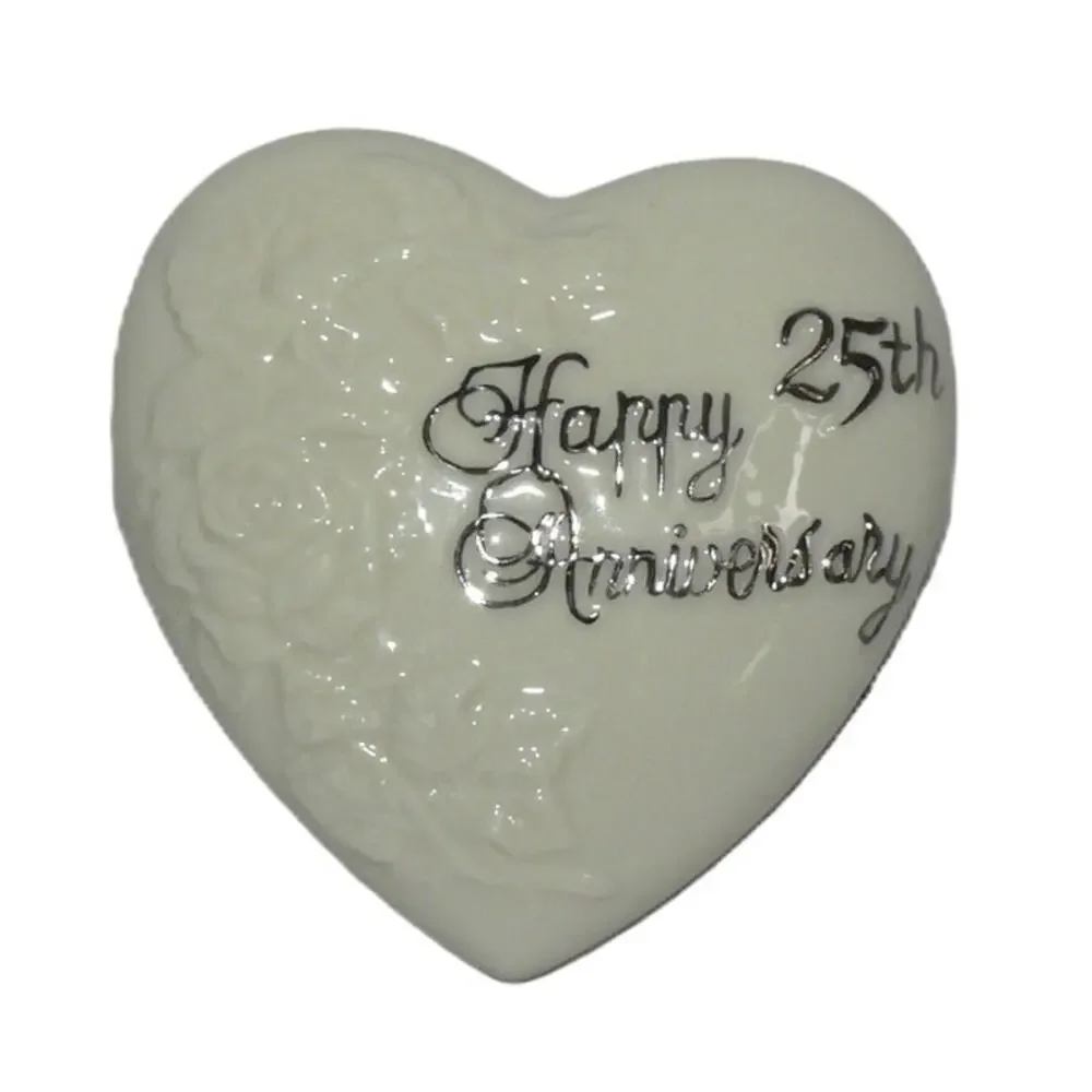 Heart-Shaped Porcelain Happy 25th Anniversary Trinket Box Rose Embossed Design